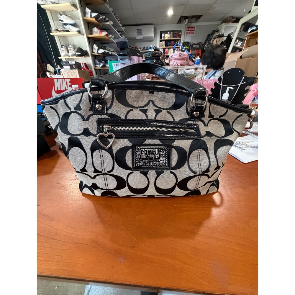 Coach Signature C Large Tote Bag Black Grey Canvas Leather F23391